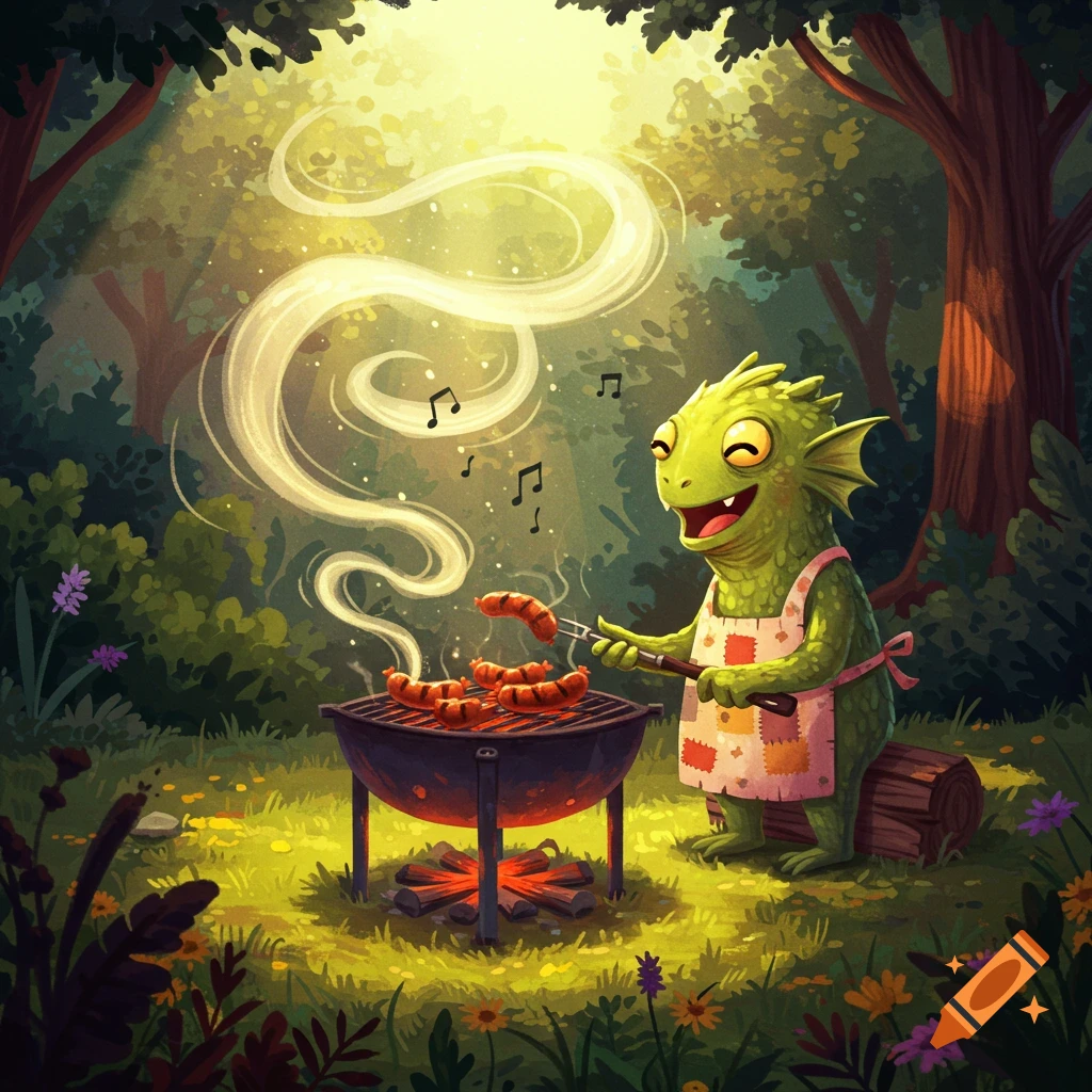 A cute green scaly creature in an apron happily grills sausages over a BBQ in a sunny cartoon forest clearing.