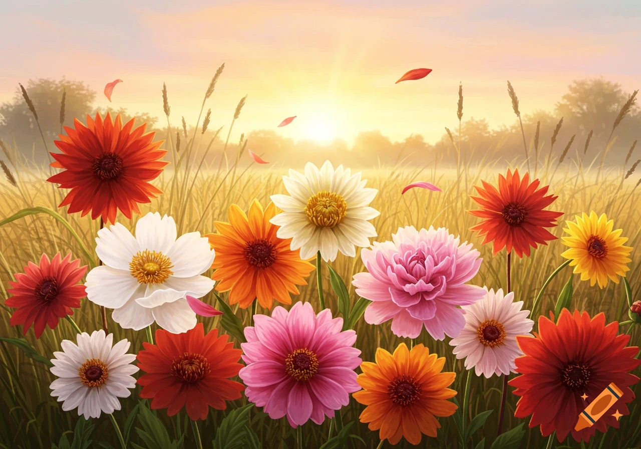 A vibrant field of colorful flowers with petals floating in the air, bathed in the warm glow of a setting sun over a misty golden field.