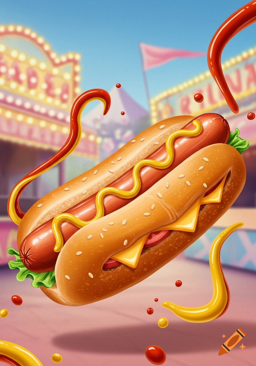 Stylized illustration of a hot dog with mustard, ketchup, cheese, and lettuce, floating above a blurred carnival scene.