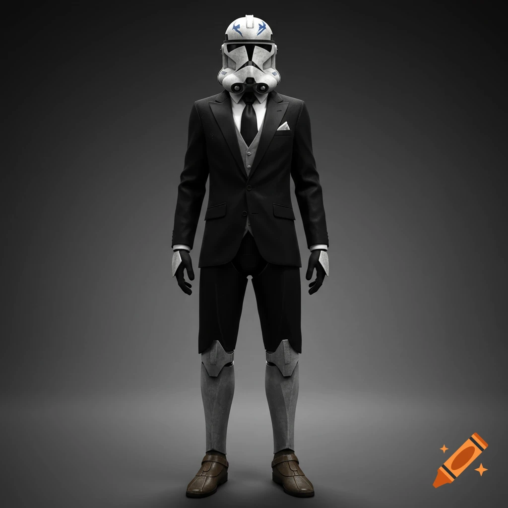A Star Wars Phase I clone trooper in a black tuxedo, standing against a dark grey background.