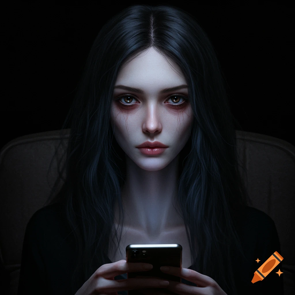 A woman with long dark hair and red-streaked 'haunted' eyes looks forward while holding a smartphone in a dark room.