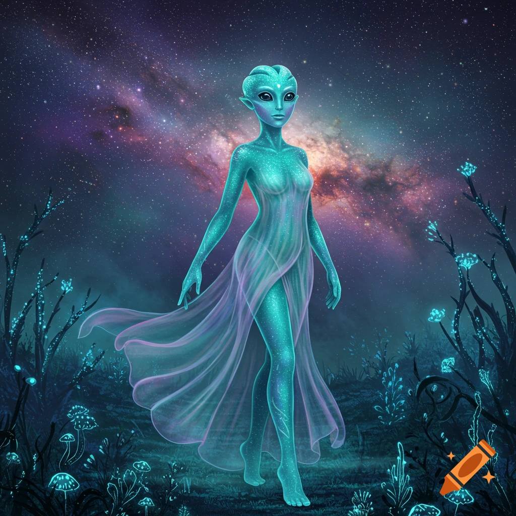 A glowing teal alien woman in a sheer, flowing dress walks through a bioluminescent alien landscape under a starry, cosmic sky.