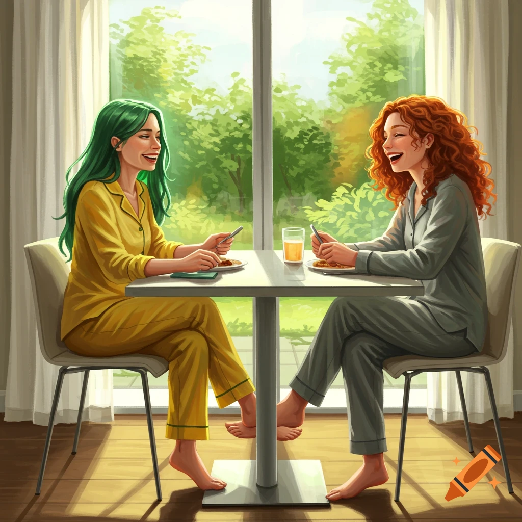 Two smiling barefoot women in pajamas, one with green hair, one with red, eat at a table by a window. Digital art.