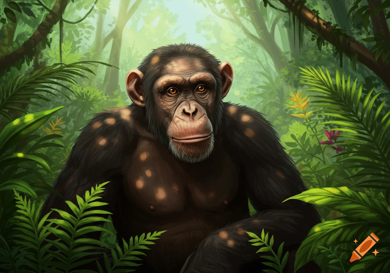 A realistic illustration of a male chimpanzee looking forward in a lush jungle.