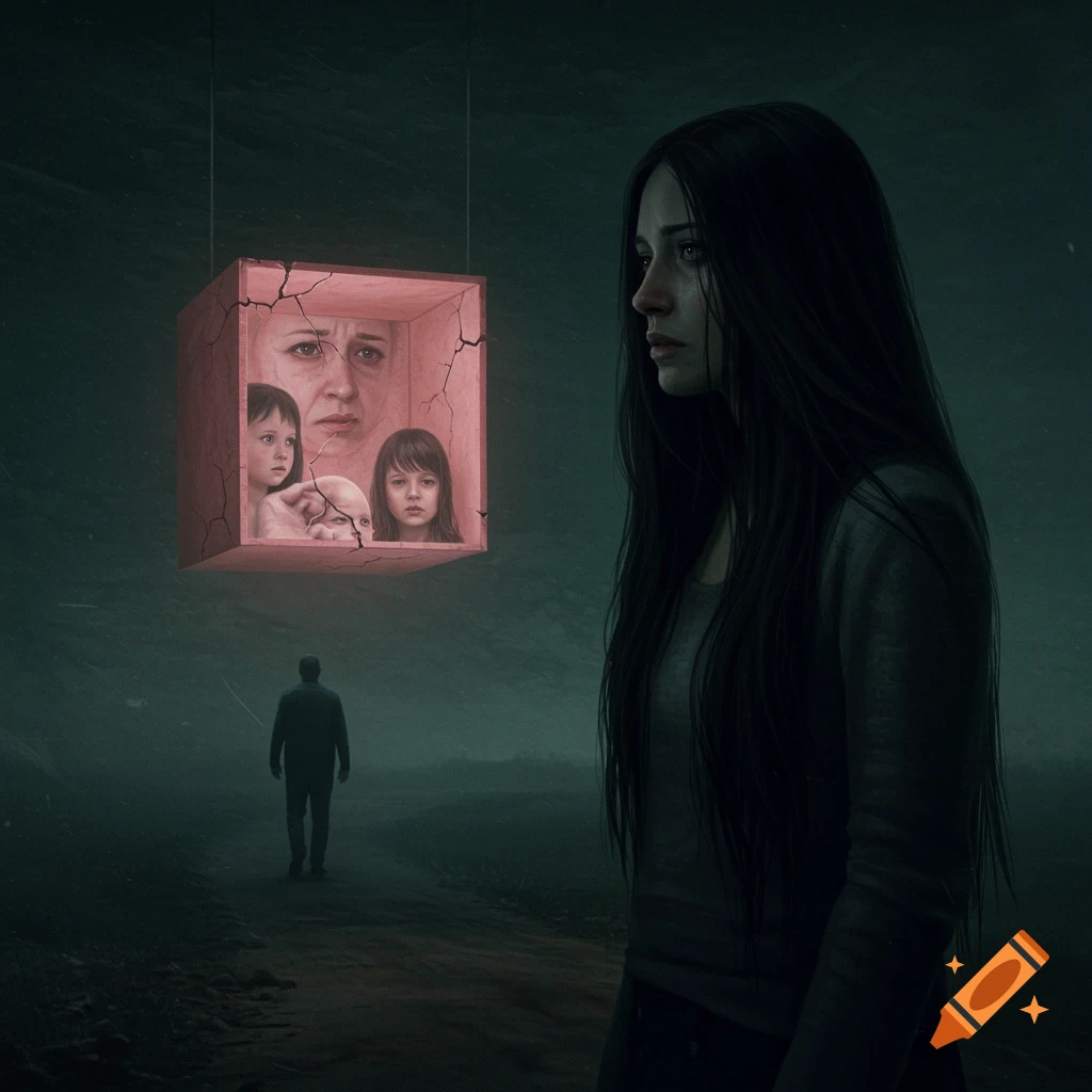 A somber woman stands, a man walks away, and a cracked pink box with faces hangs in the air, symbolizing emotional struggle.