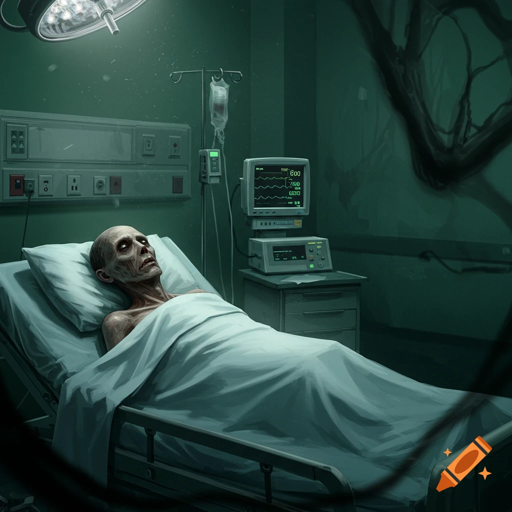 An emaciated patient lies in a hospital bed, staring blankly, with an IV drip and medical monitors in a dimly lit, green room.