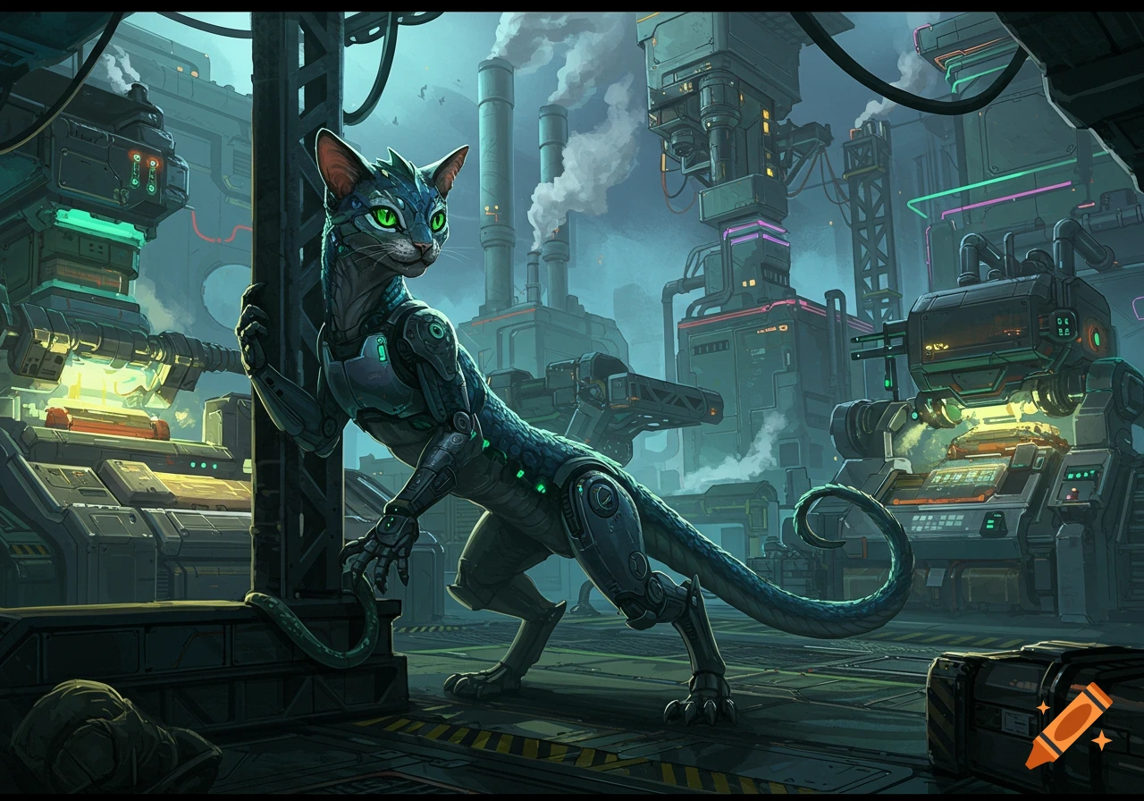 A sleek, robotic cat-lizard creature with glowing green eyes stands in a futuristic, industrial factory setting.