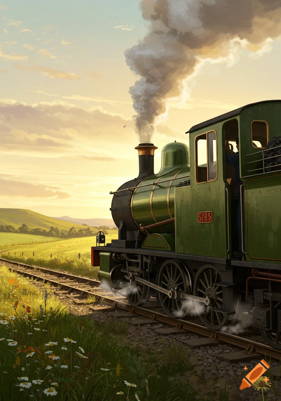 A vibrant green steam train with an open cab travels through a lush, sunny countryside with rolling hills, meadows, and wildflowers at sunset in an illustrative style.