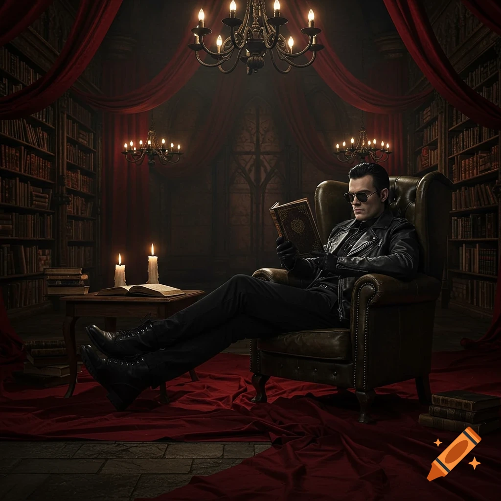 A man in a leather jacket and sunglasses reads a book in a dark, gothic library with red drapes and chandeliers.
