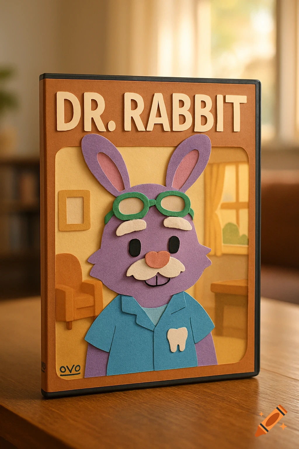 Paper cutout style DVD cover for 'DR. RABBIT' showing a purple rabbit dentist wearing green goggles, on a wooden table.