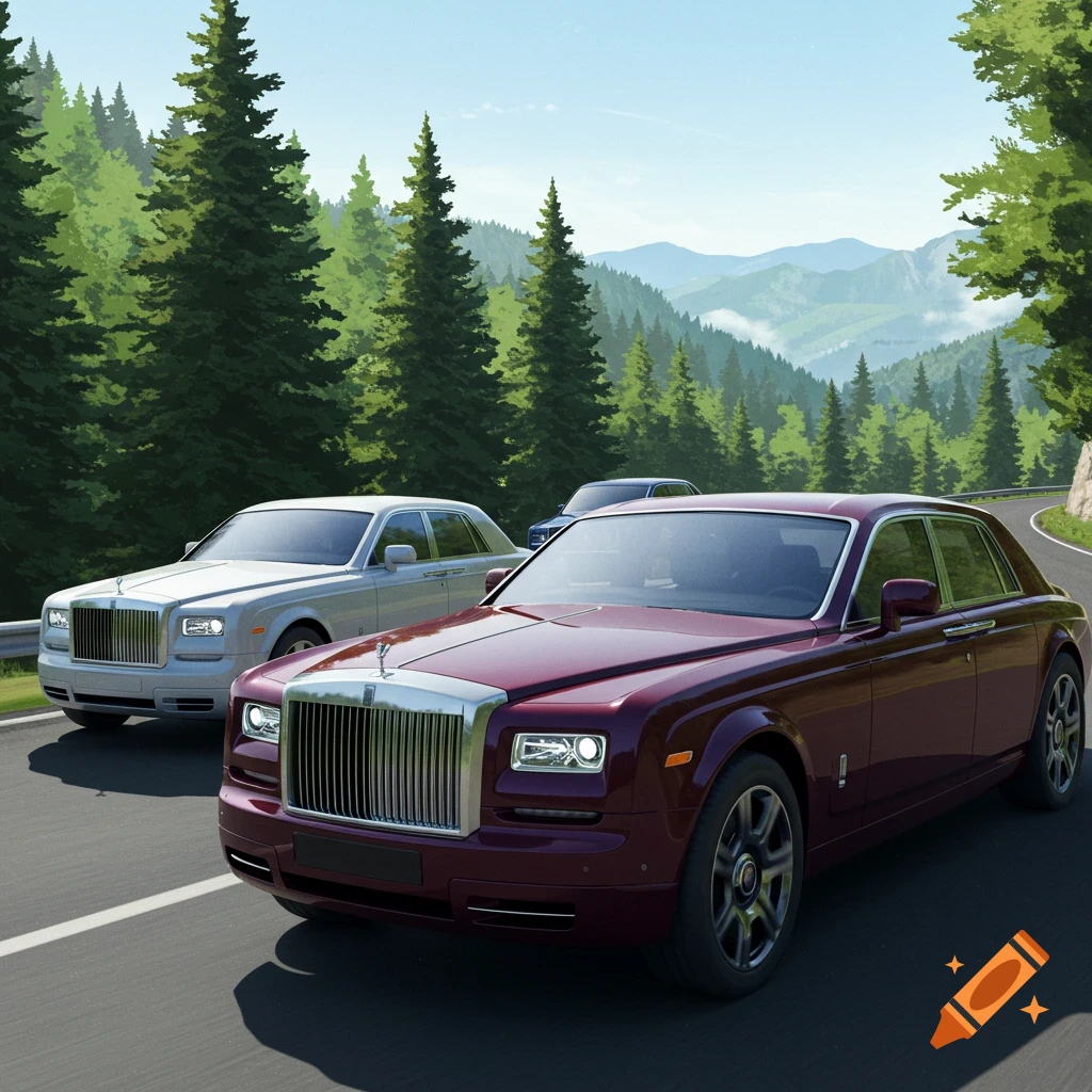 A red and a silver Rolls-Royce car drive on a winding mountain road through a dense green forest under a clear blue sky.
