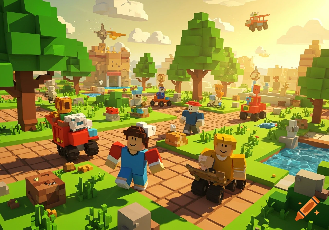 Blocky characters in a vibrant voxel-art world, with trees, paths, water, and buildings under a bright sky.