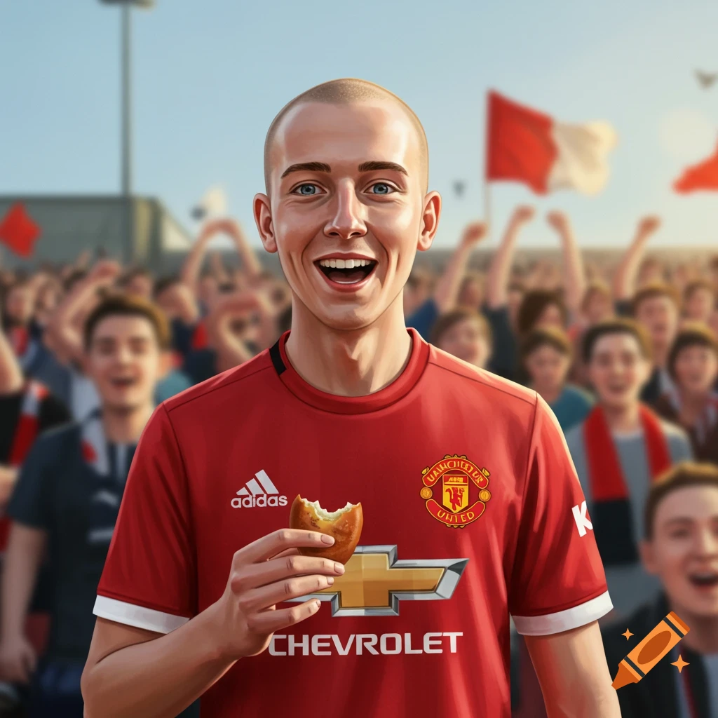 A bald, cheerful man in a red Manchester United jersey eats a pastry in a stadium filled with fans.