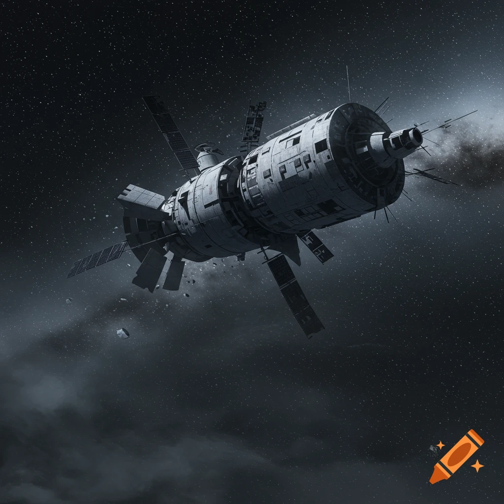 A derelict space station floats among stars and debris in the dark expanse of deep space, in a science fiction style.