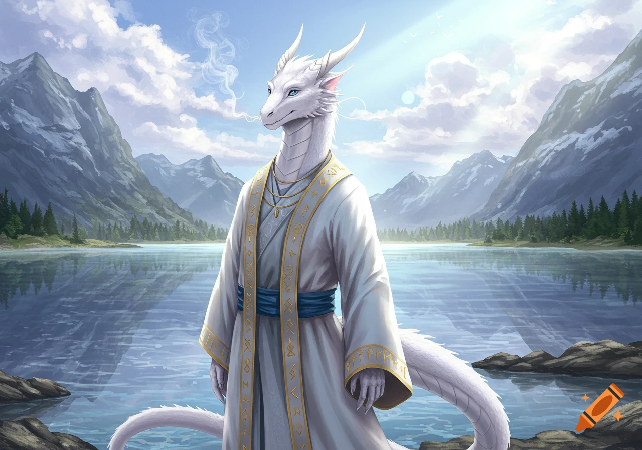 An anthropomorphic white dragon in a white and gold robe stands by a serene lake with mountains and forests.
