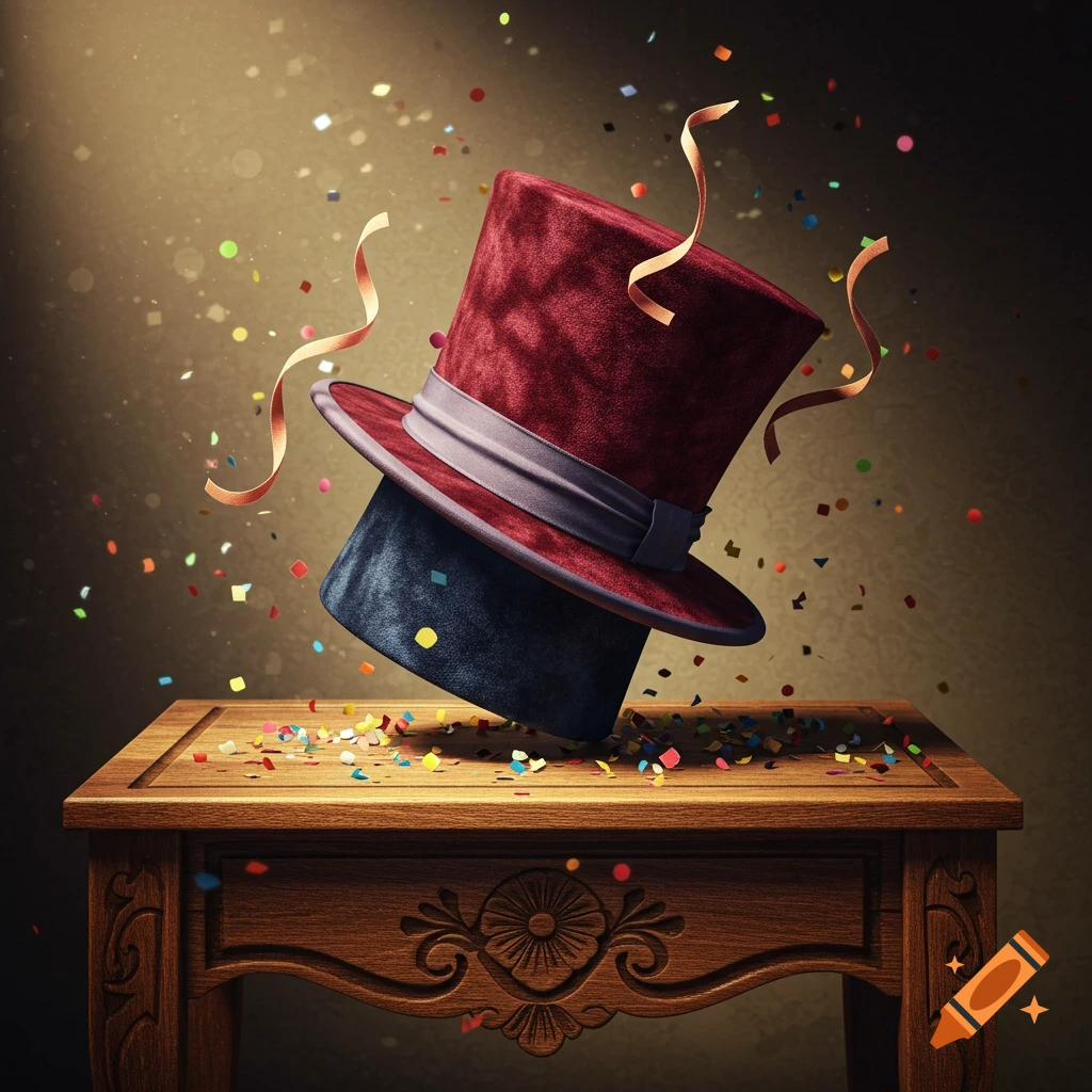 A red top hat rests on a dark blue one, both tilted on a carved wooden table with colorful confetti and gold streamers.