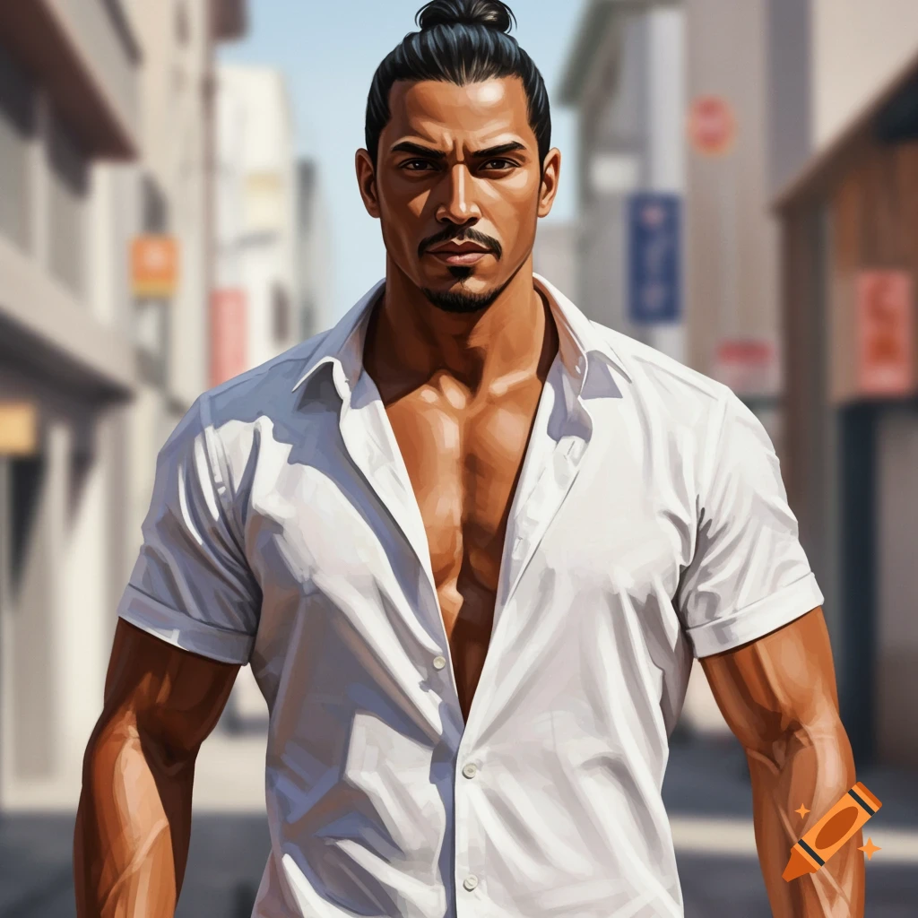 A photorealistic portrait of a muscular man with a man bun and open white shirt, standing in a blurred city street.