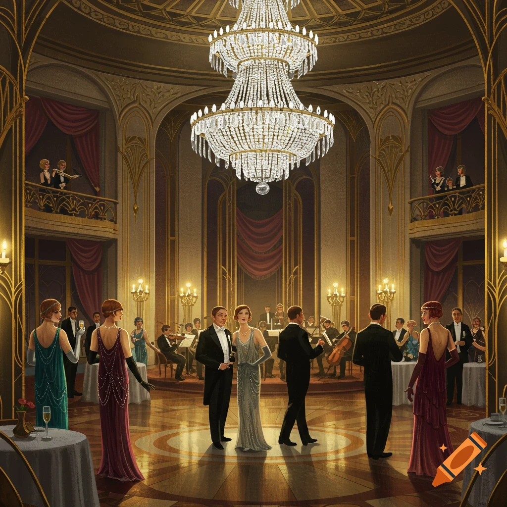 Vintage art of a grand ballroom scene with people in 1930s formal attire mingling, an orchestra playing, and a large chandelier.