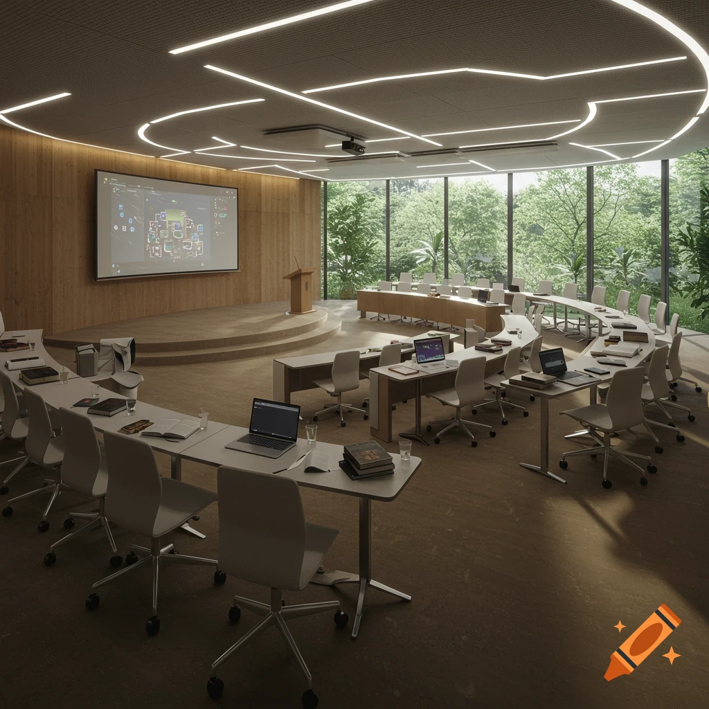 A modern, spacious lecture room with a large screen, podium, and curved tables with laptops, all overlooking a lush green outdoor forest.