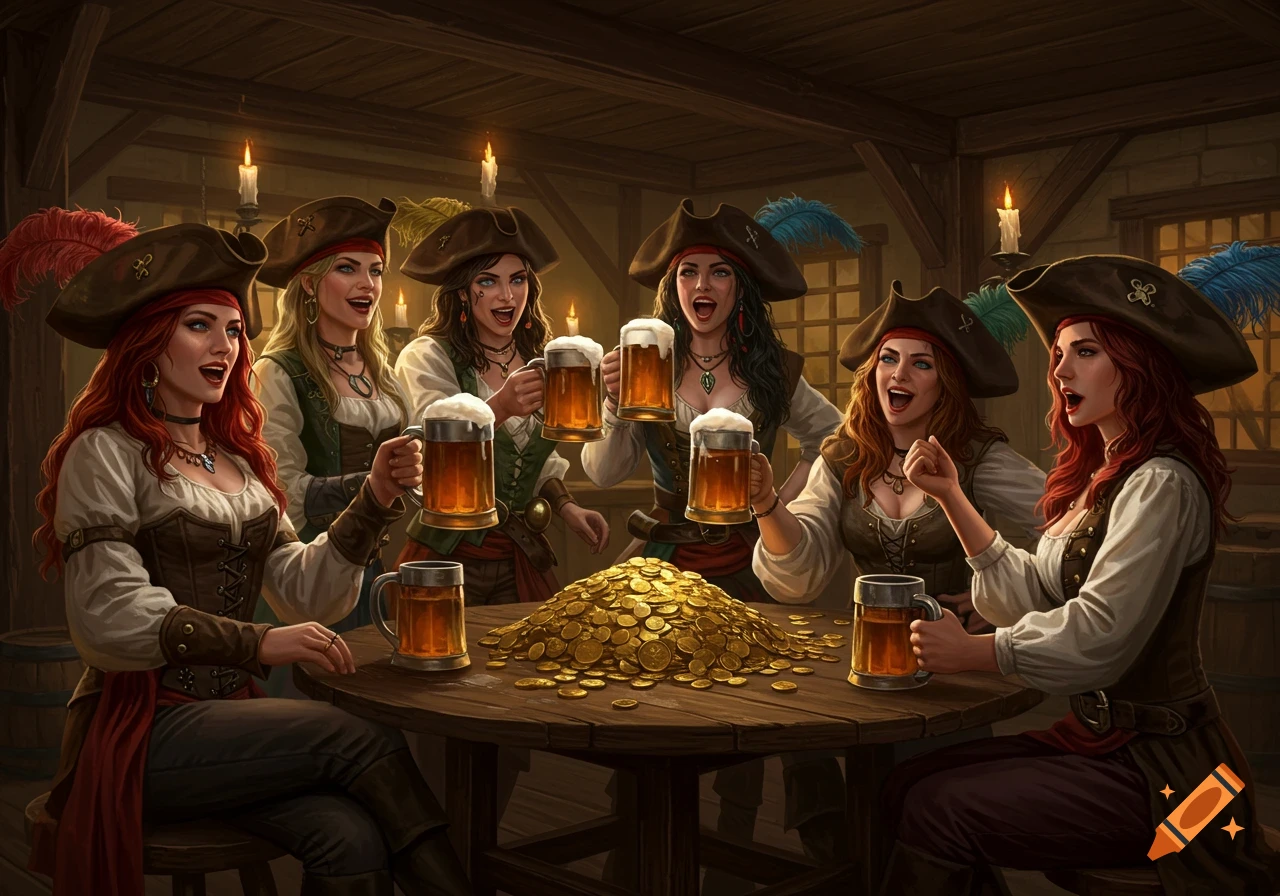 A group of women pirates celebrate in a dimly lit tavern, raising beer mugs around a table laden with gold coins, in a fantasy art style.