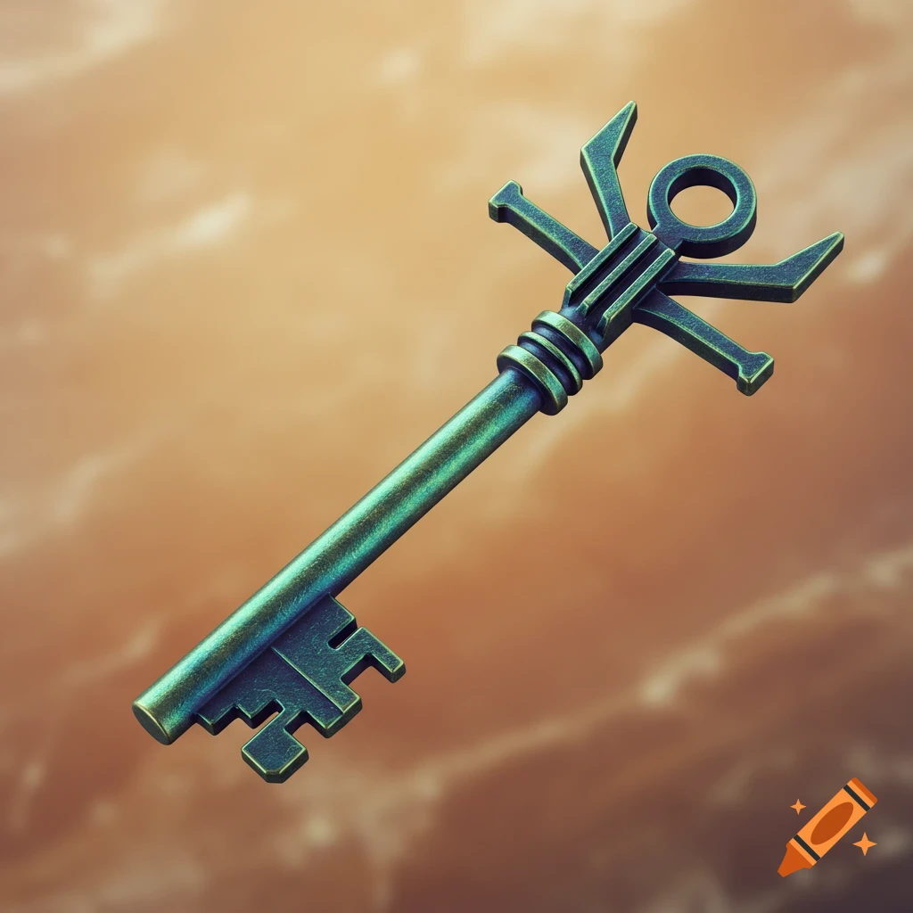 An ornate, greenish-bronze exotic key with a unique head and intricate bitting against a blurred, warm background.