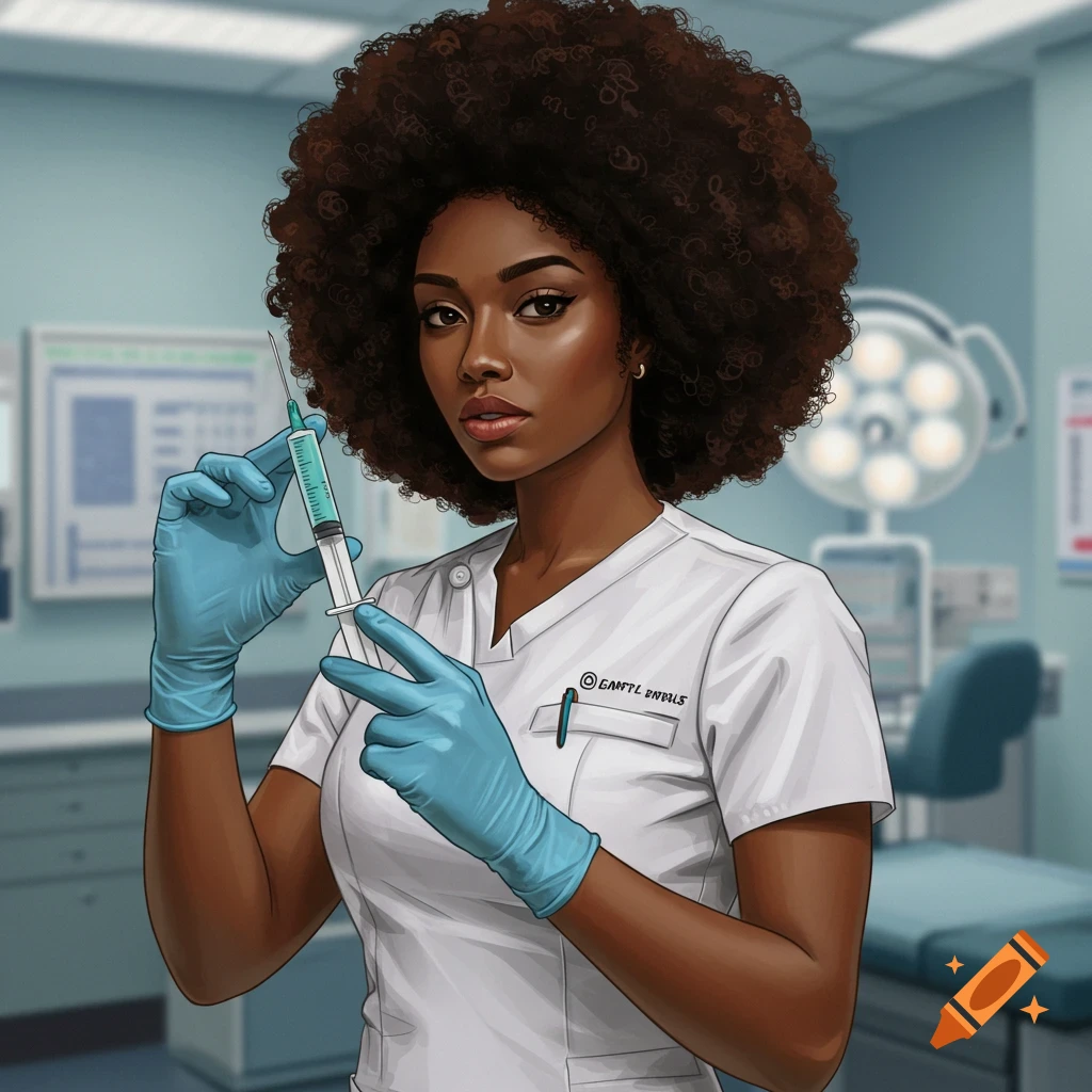 A Black woman with an afro, wearing a white nurse's uniform and blue gloves, holds a syringe in a medical setting.
