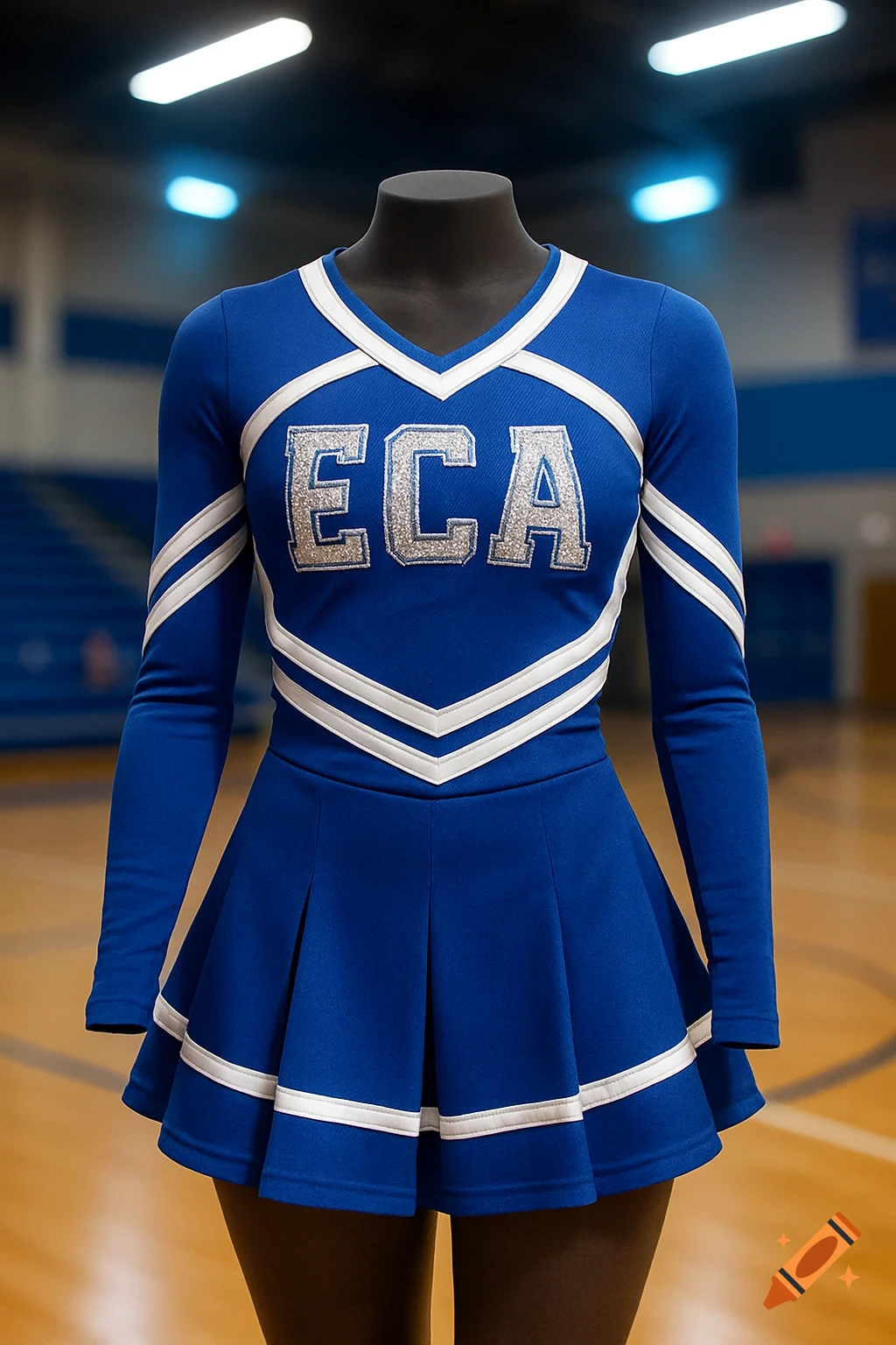 A blue cheerleading uniform with 'ECA' in silver glitter on a mannequin in a gymnasium.