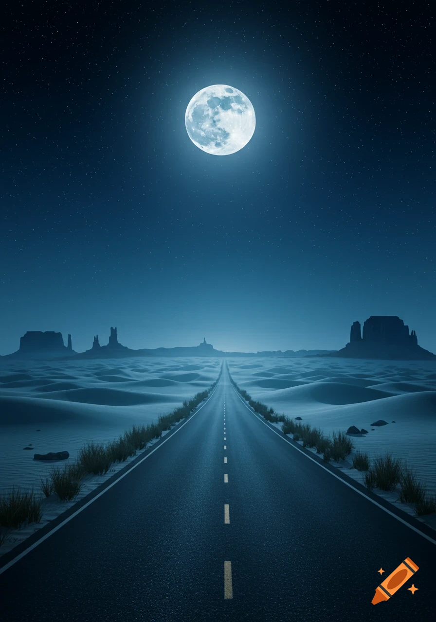 A long desert road stretches into the distance under a bright full moon and starry night sky, with mesas in the background.