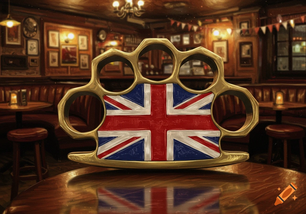 Brass knuckles with a Union Jack design resting on a pub table, with a blurred, dimly lit pub interior in the background.
