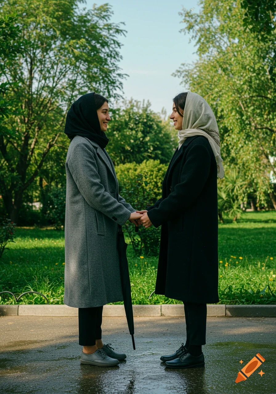 Photorealistic image of two young women in long coats and headscarves, holding hands and smiling at each other in a park.