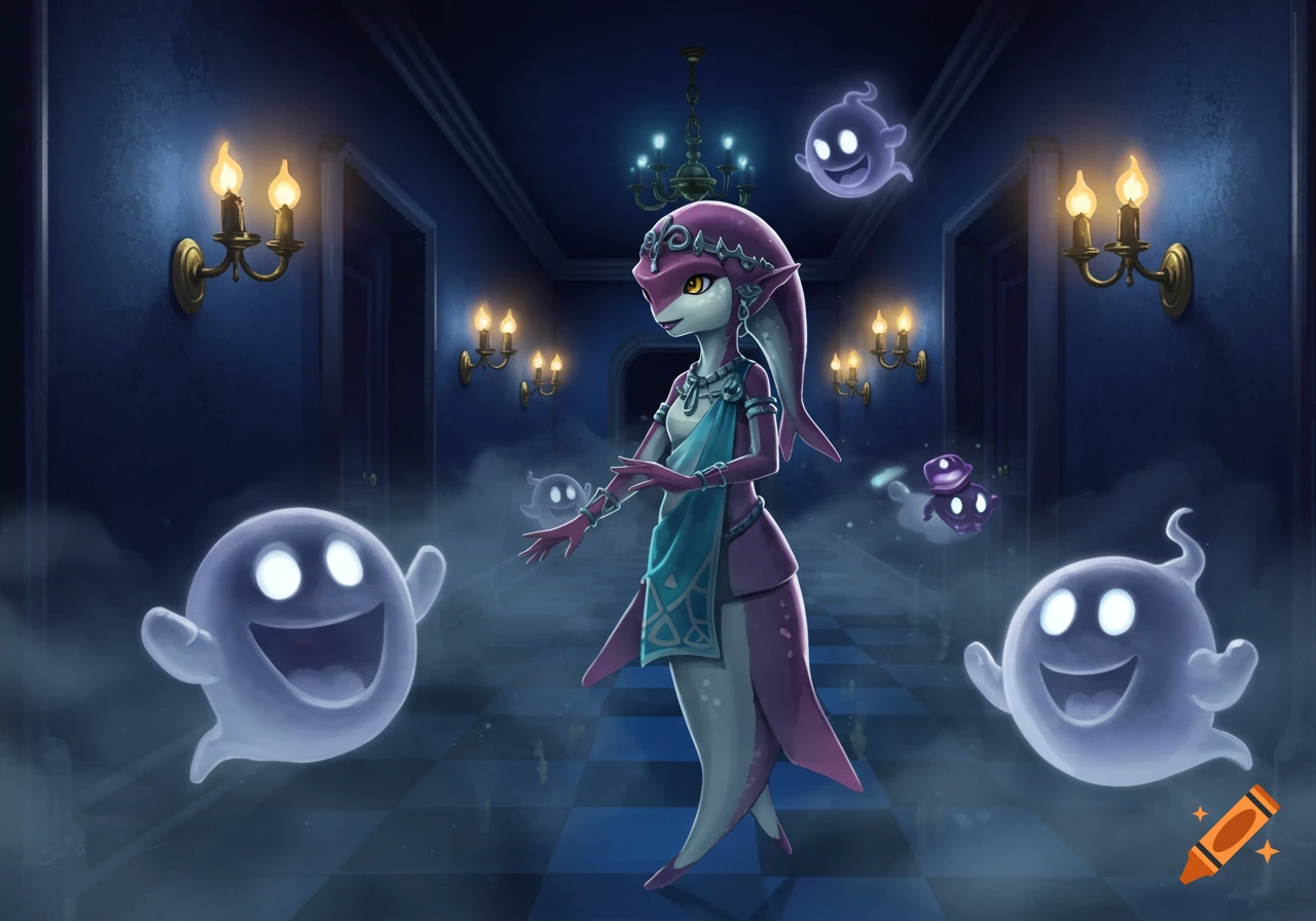 Mipha from The Legend of Zelda stands in a dark, chandelier-lit mansion hallway, surrounded by grinning white and purple ghosts.