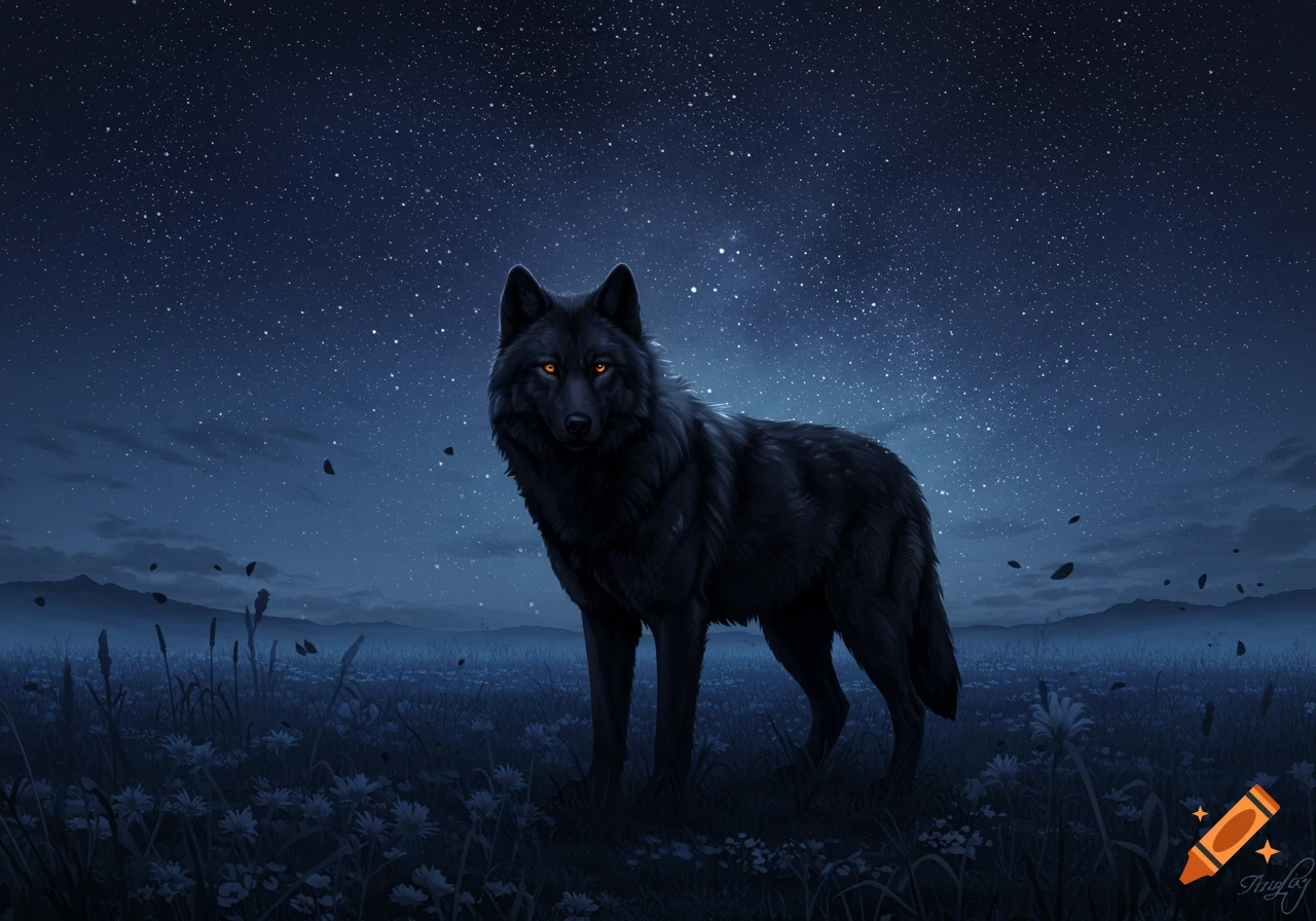 A black wolf with glowing amber eyes stands in a moonlit meadow under a clear, starry night sky.