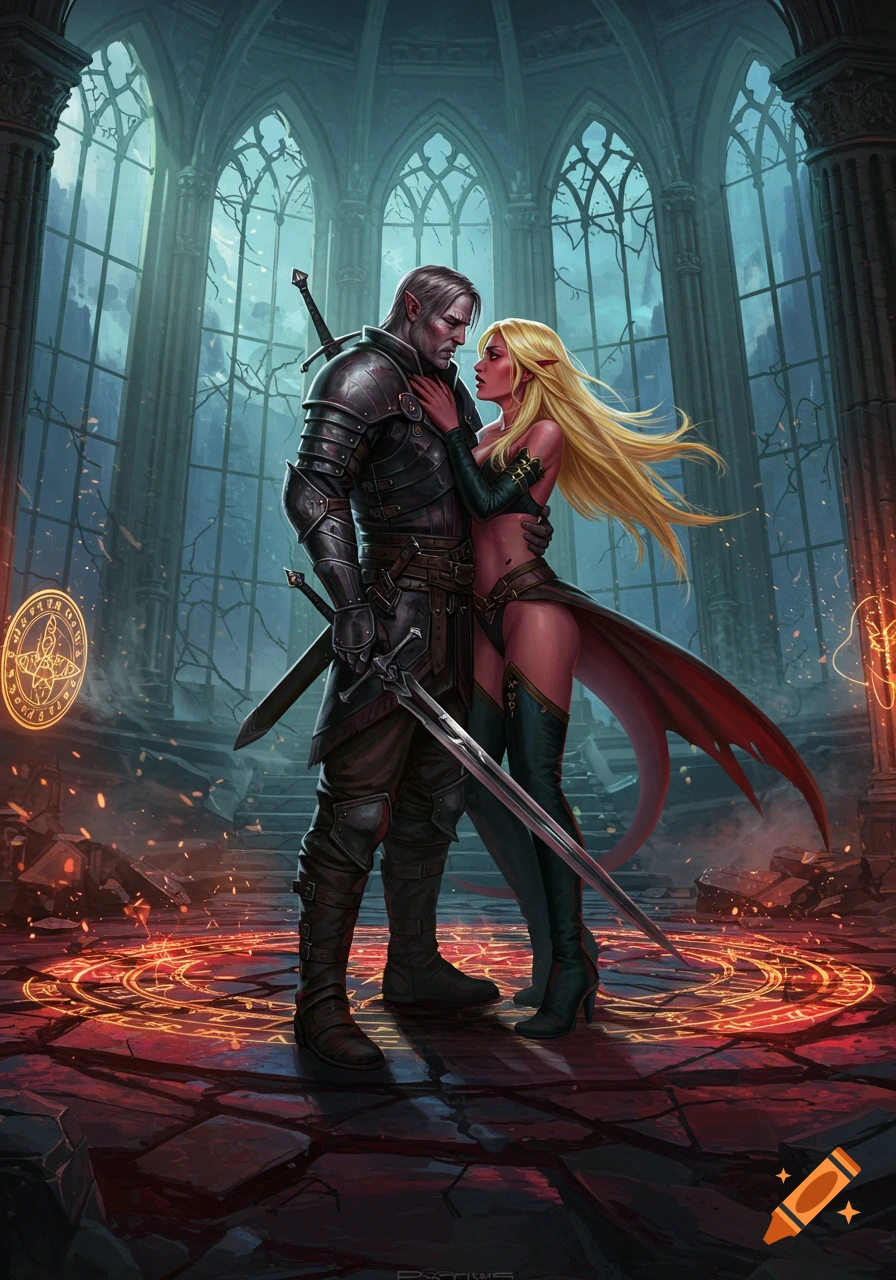 A warrior and a succubus embrace in a ruined gothic temple, surrounded by glowing red arcane runes on the floor. Dark fantasy art style.