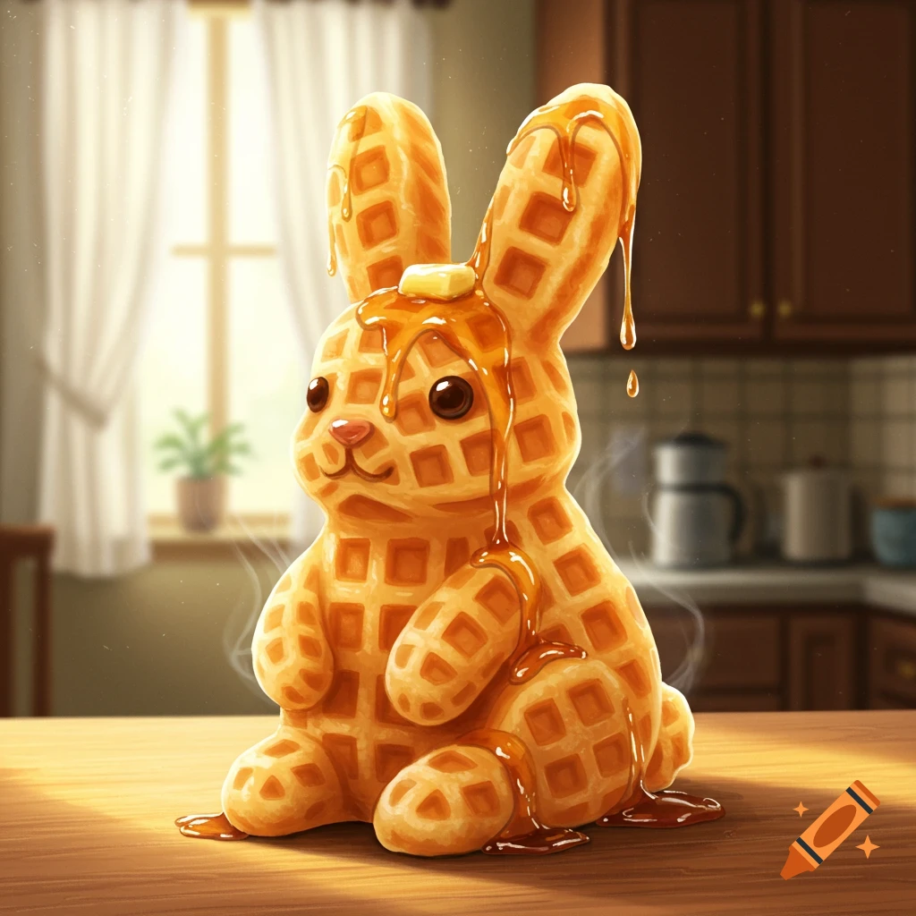 A cute, photorealistic bunny-shaped waffle covered in syrup and a pat of butter, sitting on a wooden table in a sunny kitchen.