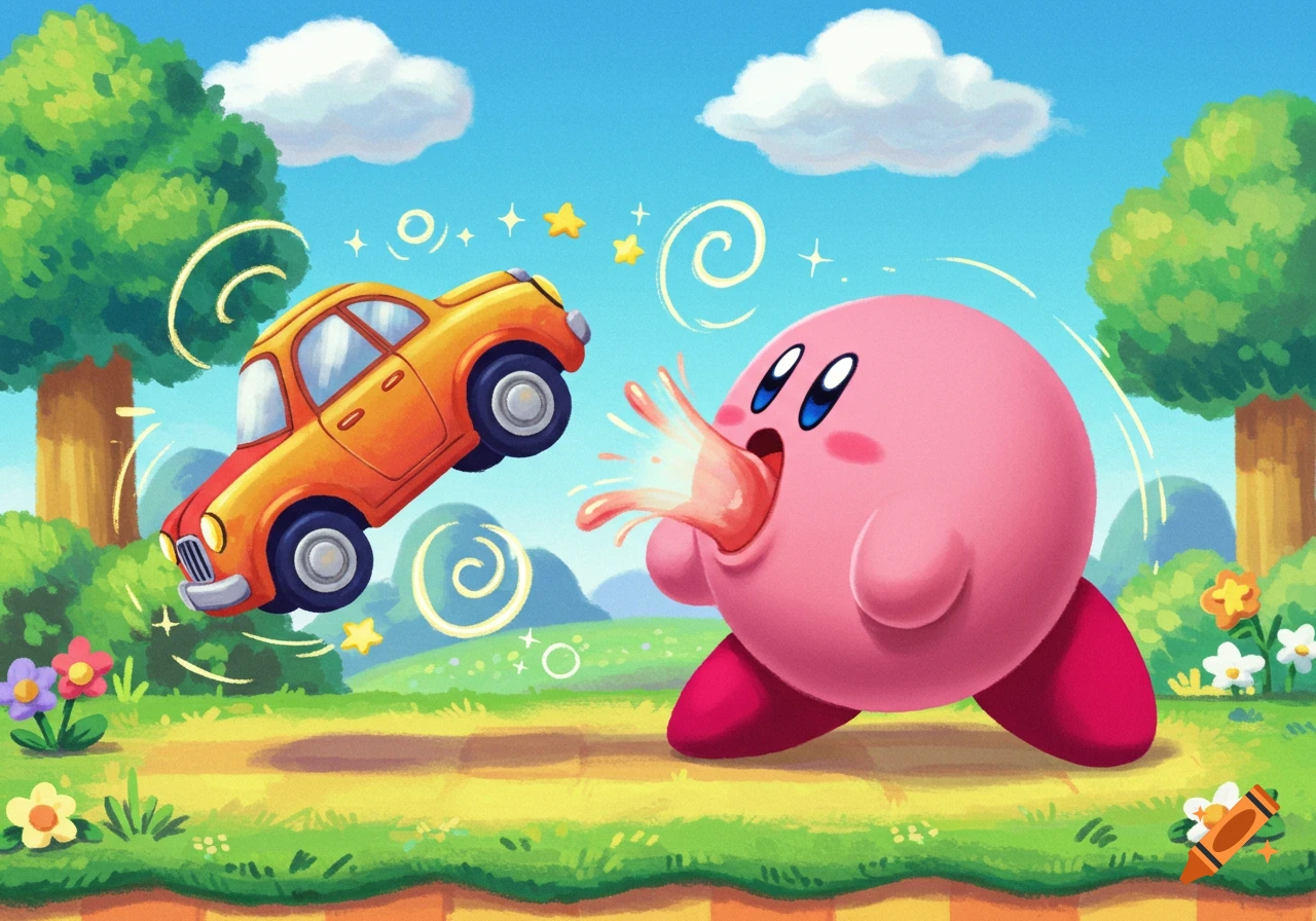Kirby inhaling a yellow car in a colorful, cartoon landscape with trees and clouds.