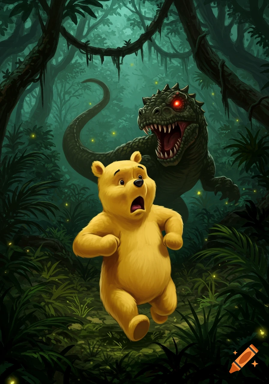 Screaming Winnie the Pooh runs through a dark jungle, pursued by a scary, red-eyed dinosaur-like monster in a detailed cartoon style.