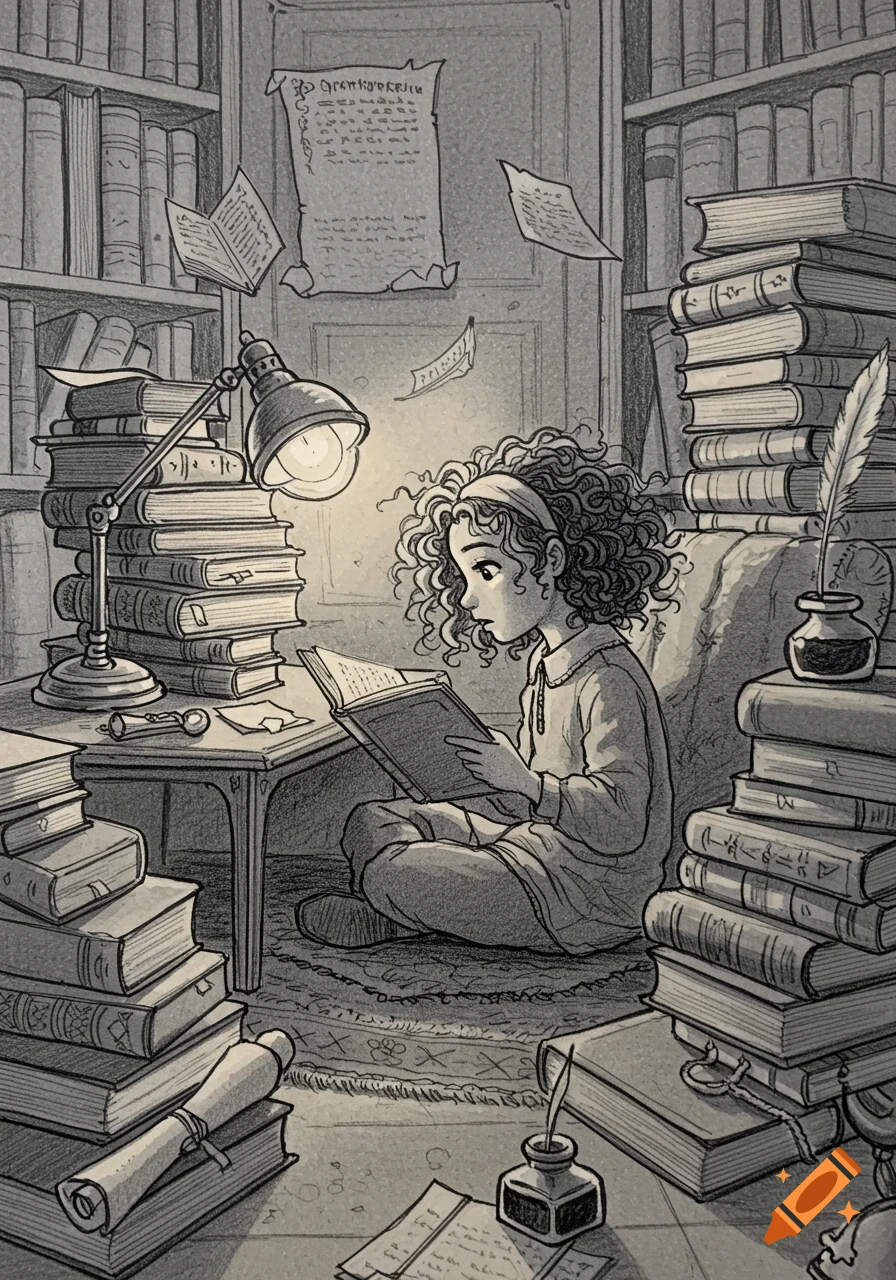 A detailed monochromatic sketch of a girl with curly hair, sitting amidst towering stacks of books, engrossed in reading under the soft glow of a desk lamp.