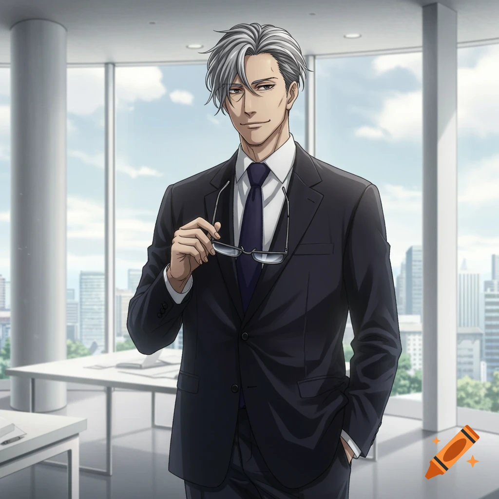 An older anime-style man in a dark suit holds his glasses, standing in a modern office with a city view.