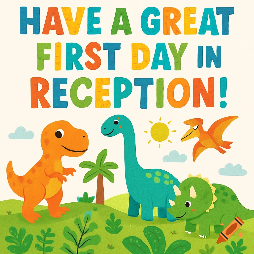 Colorful children's illustration with smiling cartoon dinosaurs on green hills, and text "HAVE A GREAT FIRST DAY IN RECEPTION!".