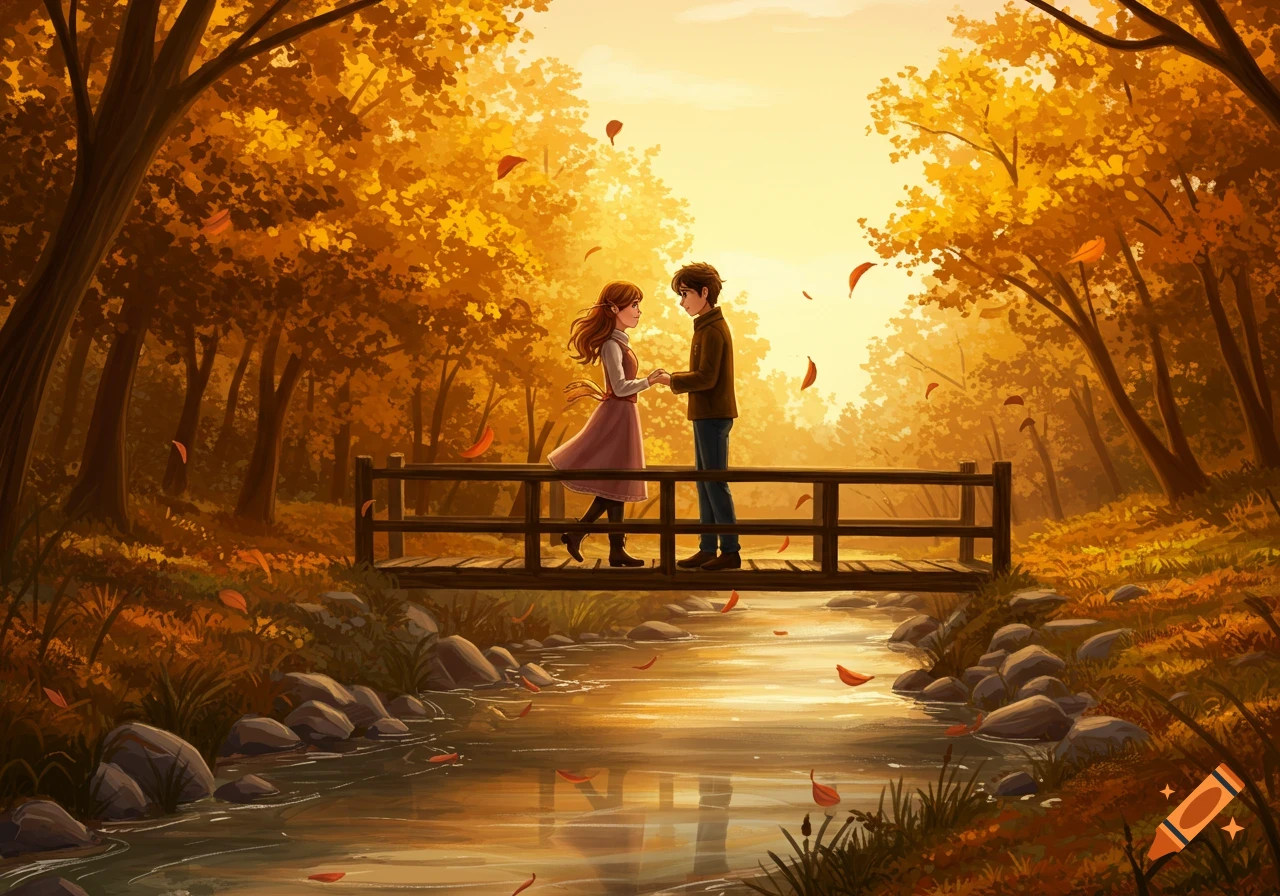 Anime illustration of a boy and girl holding hands on a wooden bridge over a stream in a golden autumn forest.