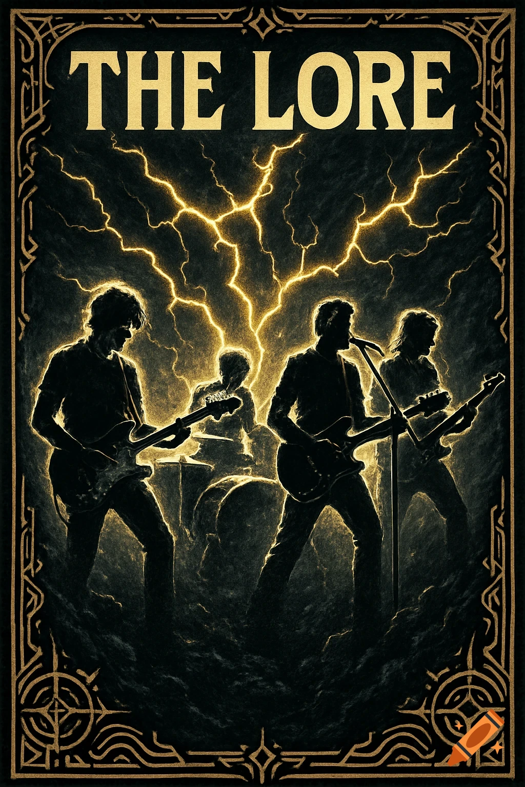 Stylized dark poster for 'THE LORE' band with four members in silhouette against a background of golden lightning.