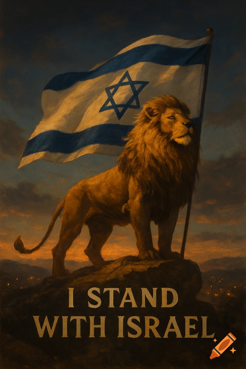 A majestic lion stands on a rocky outcrop with the Israeli flag waving behind it at sunset, with the text 'I STAND WITH ISRAEL'.