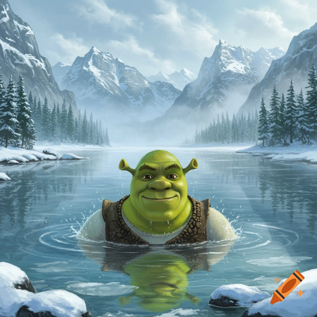 Shrek smiles cheerfully as he swims in a cold, icy lake surrounded by snow-capped mountains and pine trees.