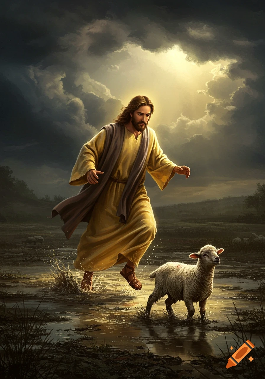Jesus in robes runs through muddy water with a lamb, under dramatic clouds with a bright heavenly light.