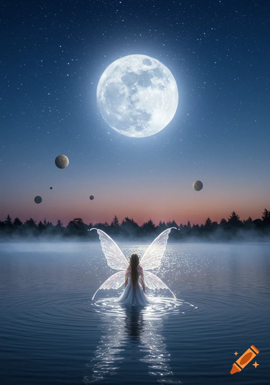 A fairy with glowing wings stands in a misty lake at dusk, looking at a giant full moon and planets in the night sky.
