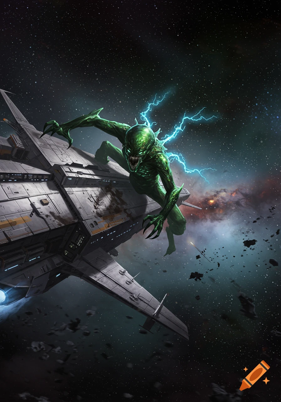 A green, monstrous alien with sharp claws and teeth attacks a spaceship in deep space, with debris and nebulae in the background. Digital art.