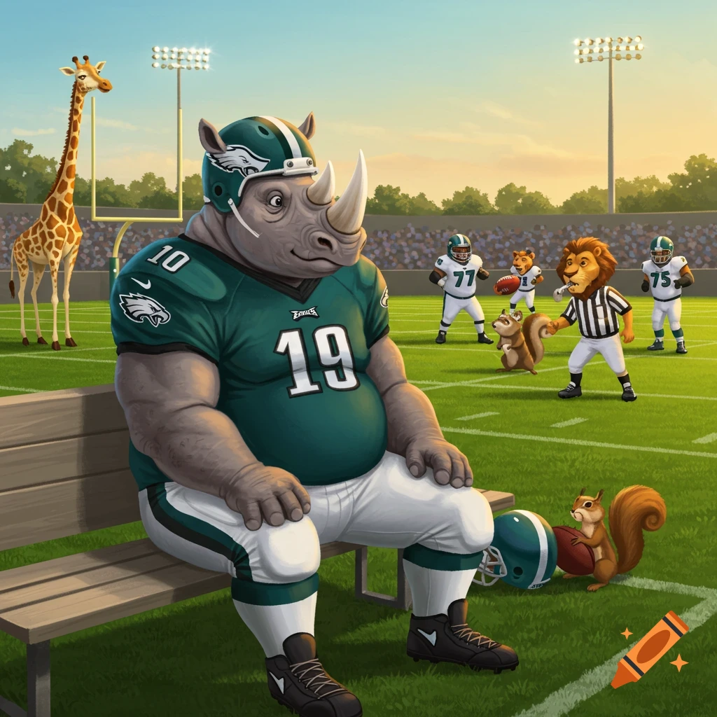 A cartoon rhinoceros football player in an Eagles uniform sits on a bench on a football field, with other animal players in the background.