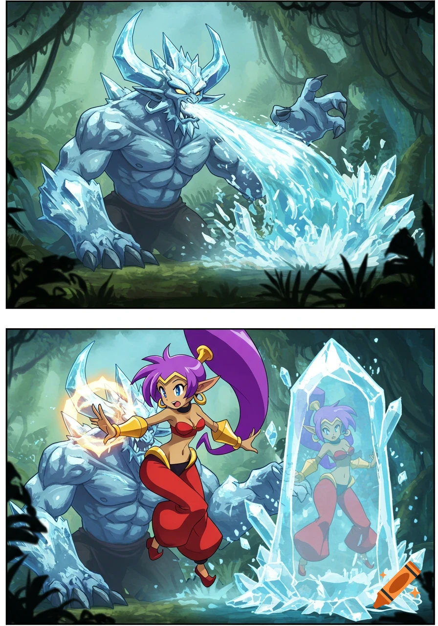 Two comic panels show an ice monster breathing ice at Shantae, followed by Shantae encased in a large ice crystal in a jungle.