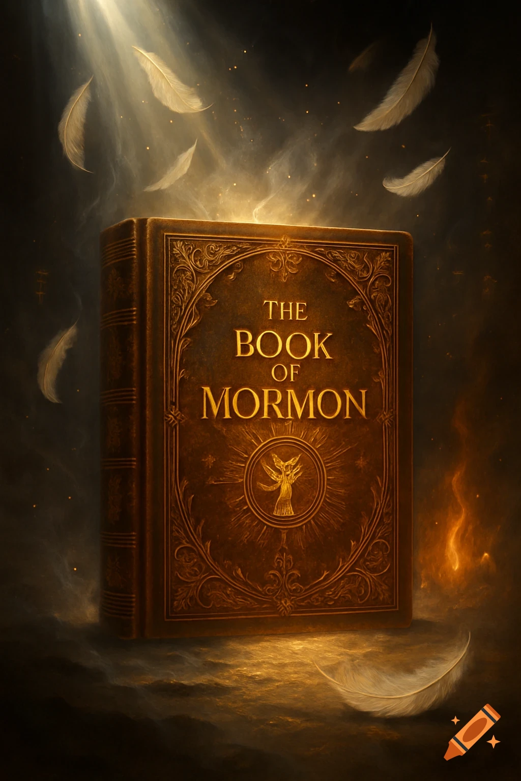 An ornate, antique-looking brown book titled "THE BOOK OF MORMON" glows with golden light, surrounded by ethereal smoke and floating white feathers against a dark, atmospheric background.