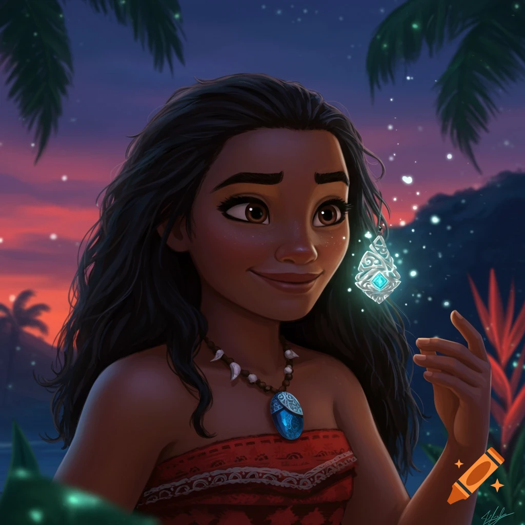 A smiling character resembling Moana with long dark hair, wearing a red top and a shell necklace, holding a glowing pendant at sunset in a tropical setting.